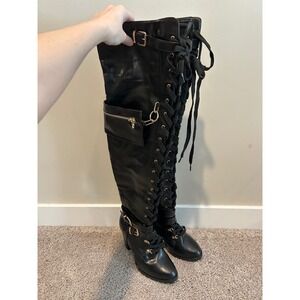 Elira Black Thigh High Lace Up Pocket Boots Buckle Block Heel Womens 8.5 #2223